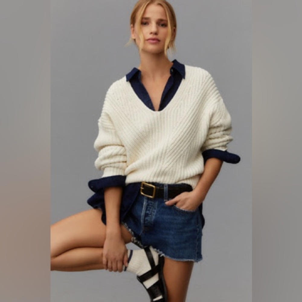 Anthropologie x Maeve V-Neck Sculptured Pullover Sweater - Off White